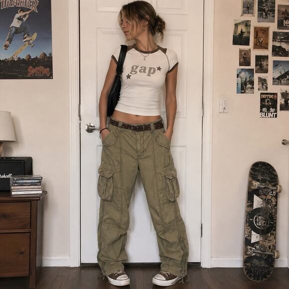 Gap Pants - Vtg Y2K Gap Cotton Tan Cargo Baggy Pockets Zip Skater Paratrooper Pants 8